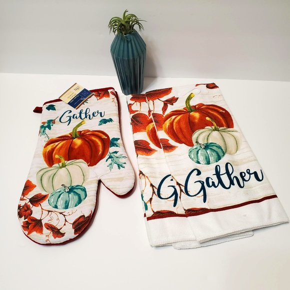 Other - Fall Kitchen Linen Set, 3pc, Pumpkins Gather Autumn, Towels Oven Mitt, NWT